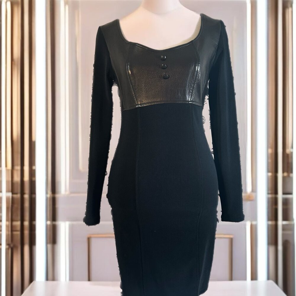 Orna Farho-Black Knit Dress with Leather Bodice Size 2